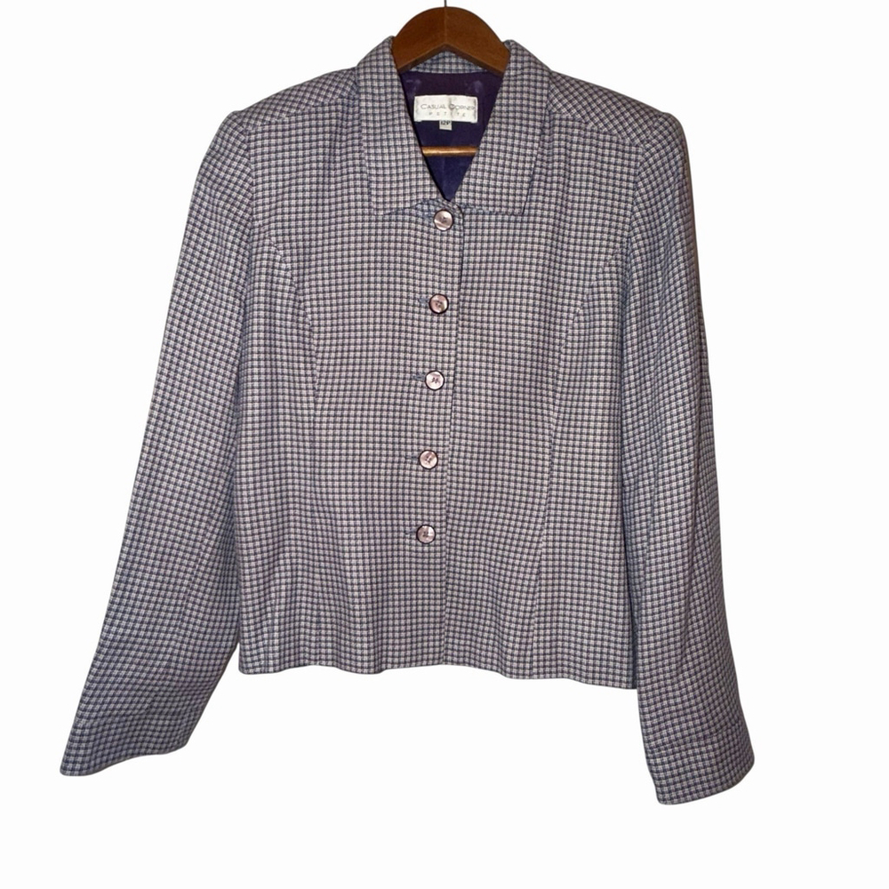 Vtg Casual Corner 5 Button Blazer 12P Purple Ivory Houndstooth Academia FlawREAD